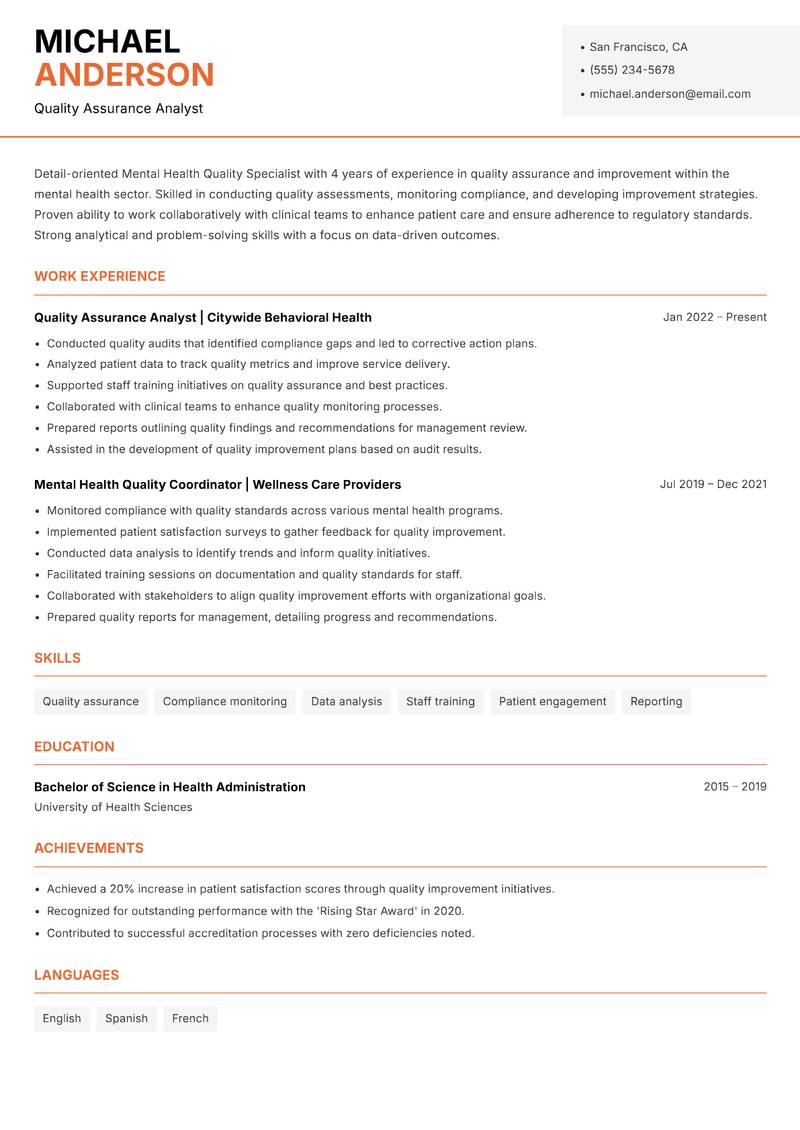 Mental Health Quality Specialist Resume Template