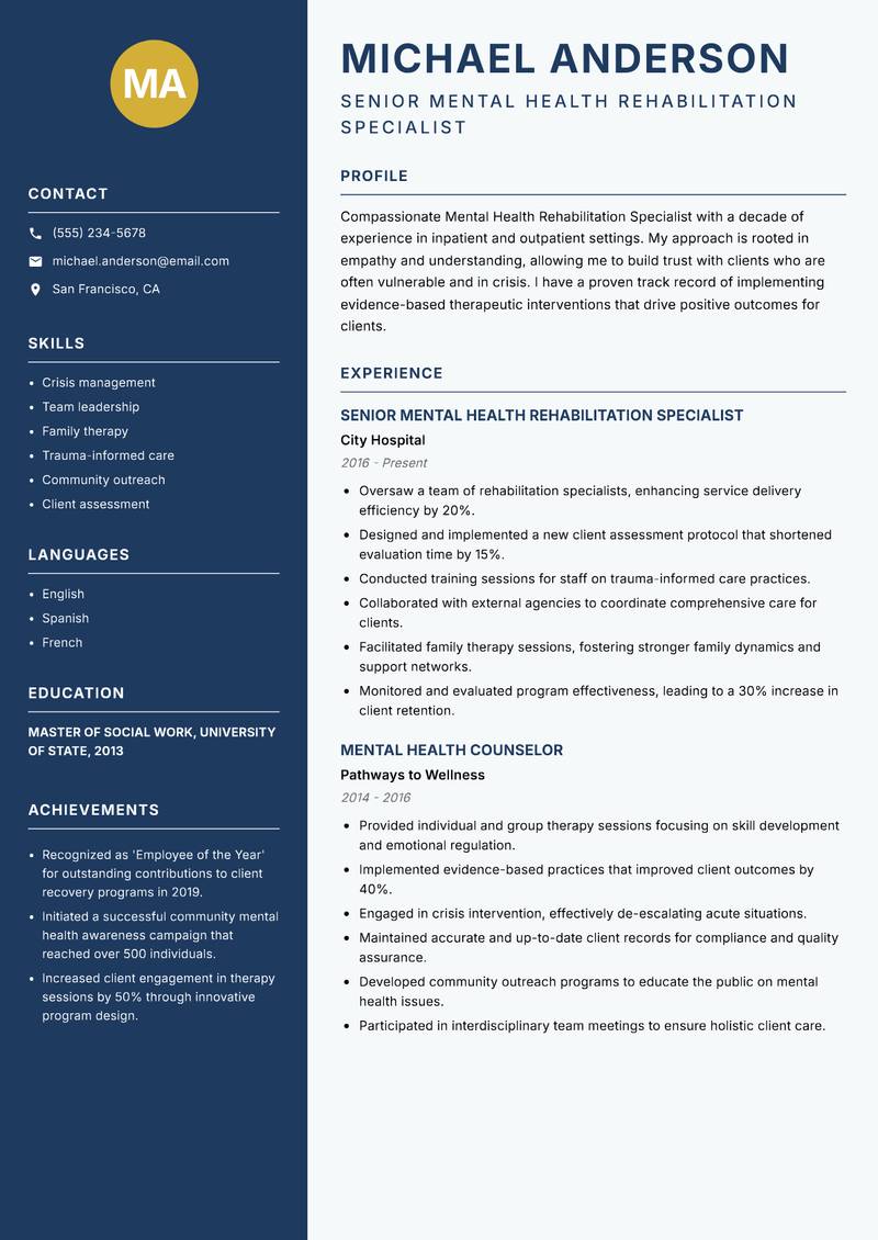 Mental Health Rehabilitation Specialist Resume Preview Example