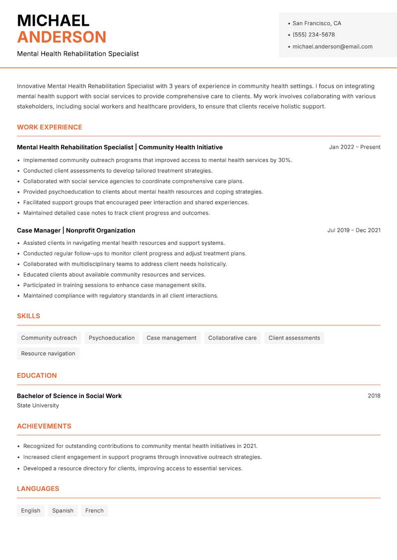 Mental Health Rehabilitation Specialist Resume Template