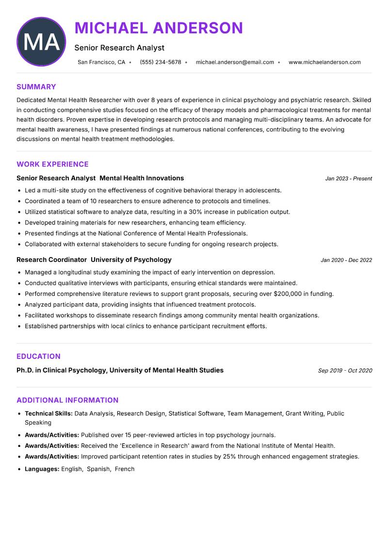 Mental Health Researcher Resume Preview Example