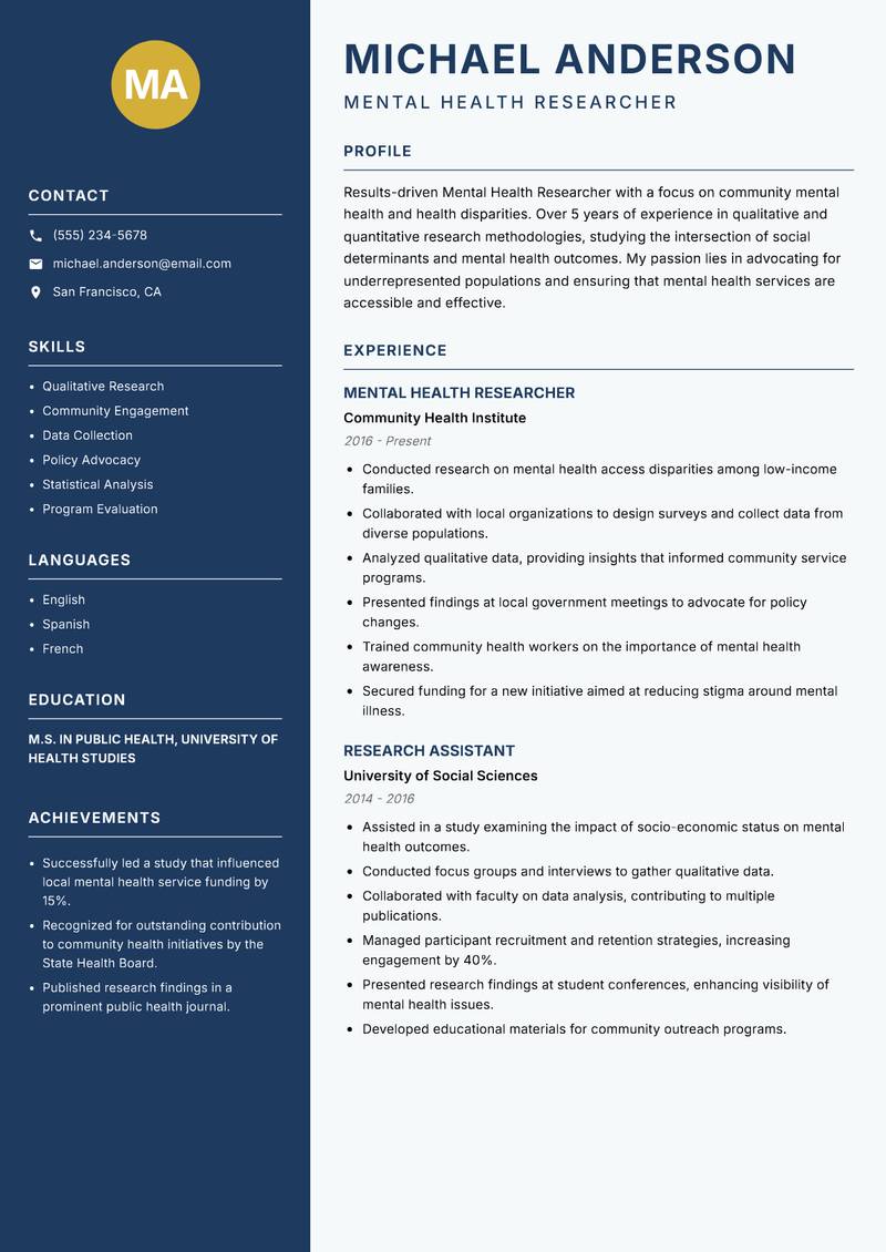 Mental Health Researcher Resume Preview Example