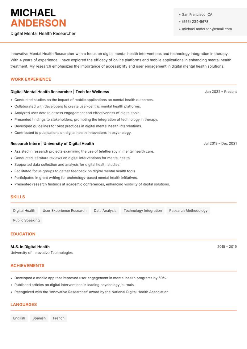 Mental Health Researcher Resume Template
