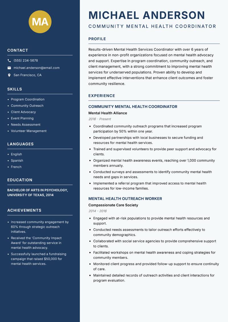 Mental Health Services Coordinator Resume Preview Example
