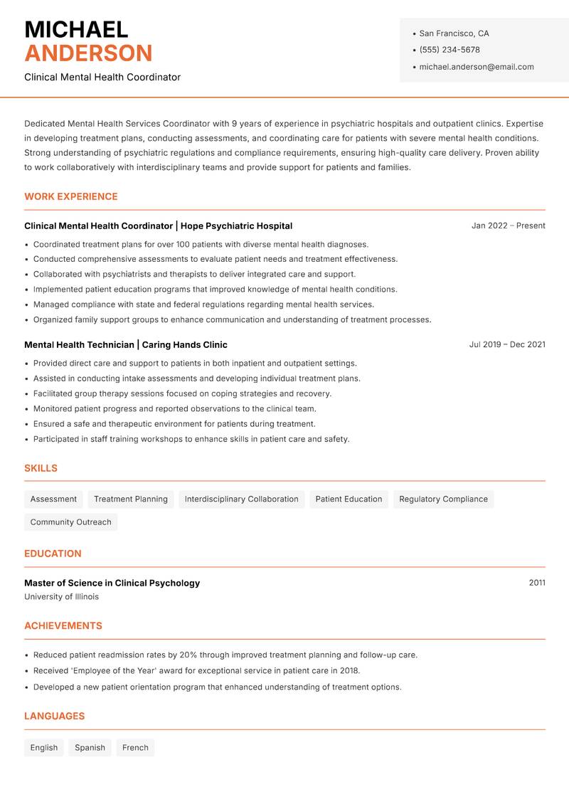 Mental Health Services Coordinator Resume Template