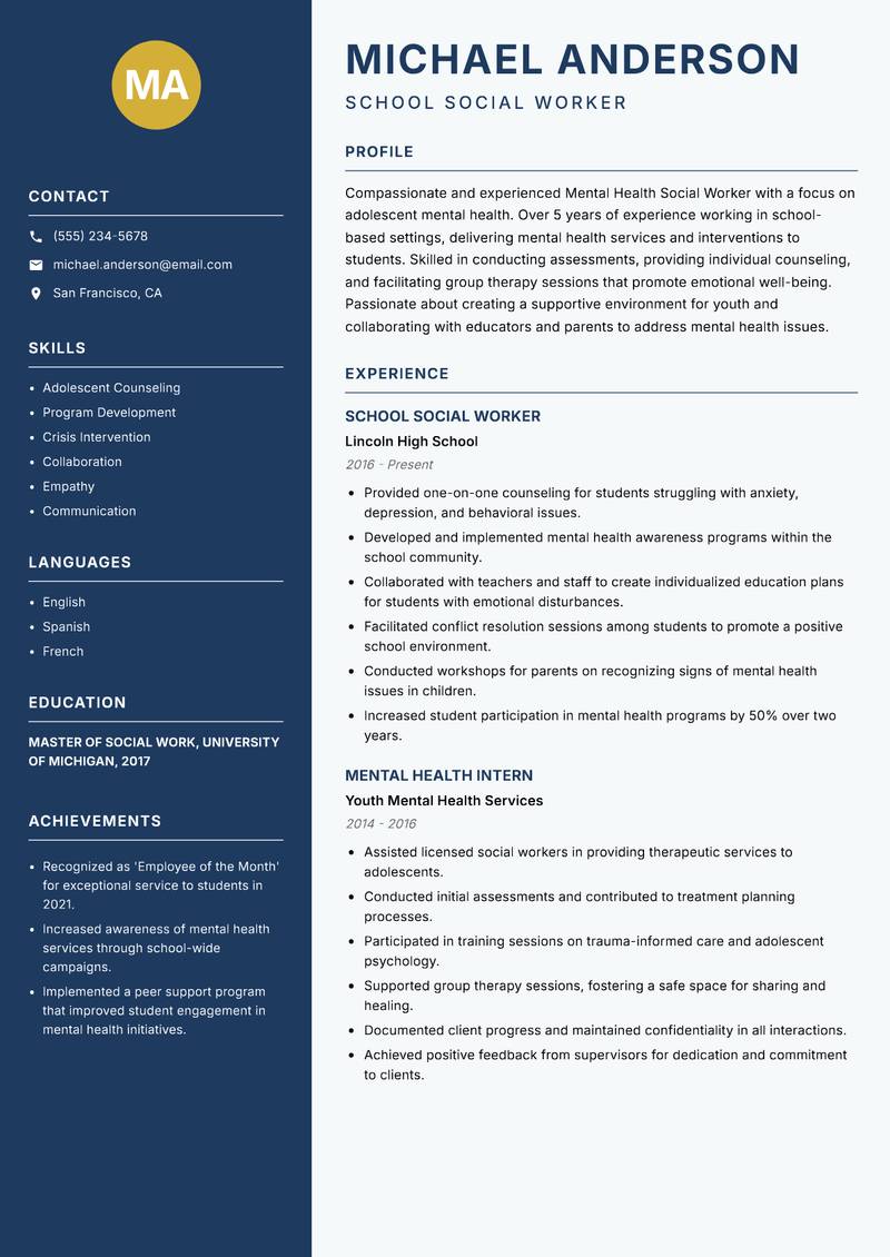 Mental Health Social Worker Resume Preview Example