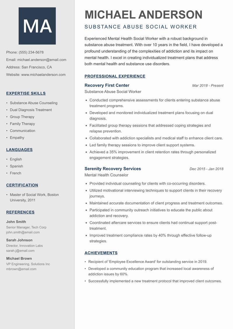 Mental Health Social Worker Resume Preview Example
