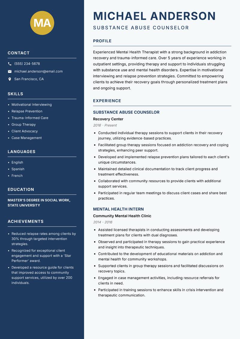 Mental Health Therapist Resume Preview Example