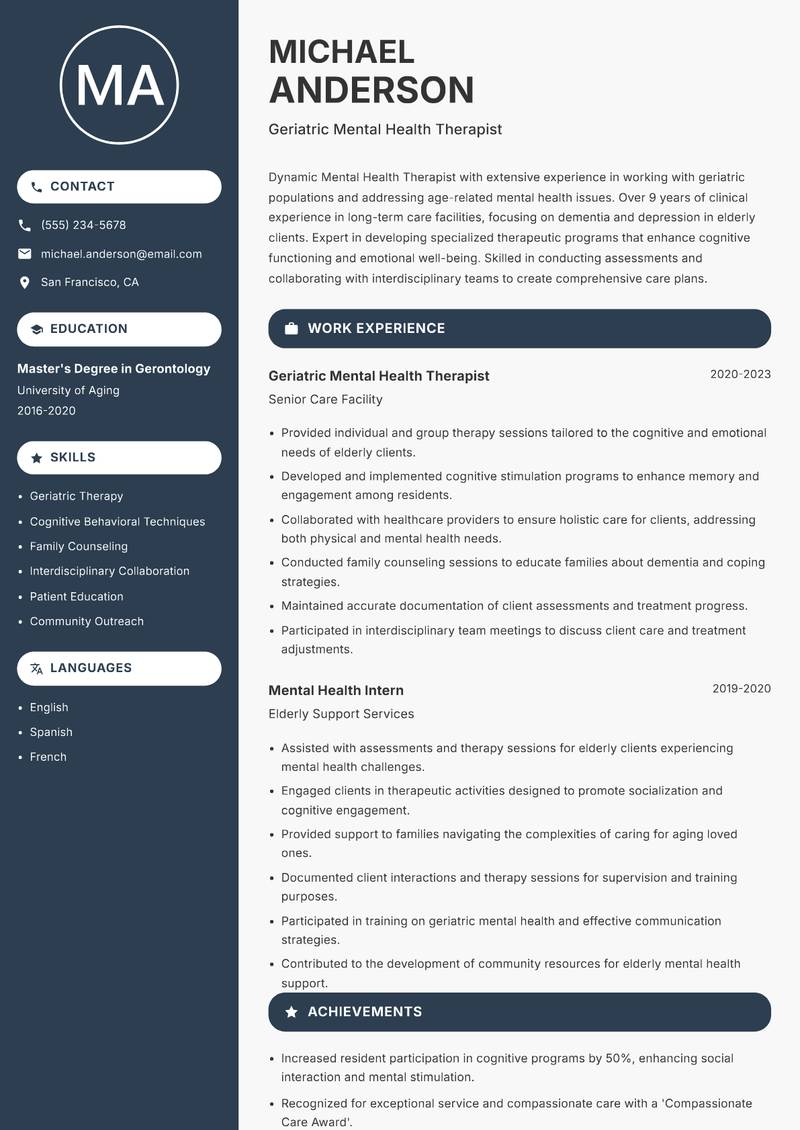 Mental Health Therapist Resume Preview Example