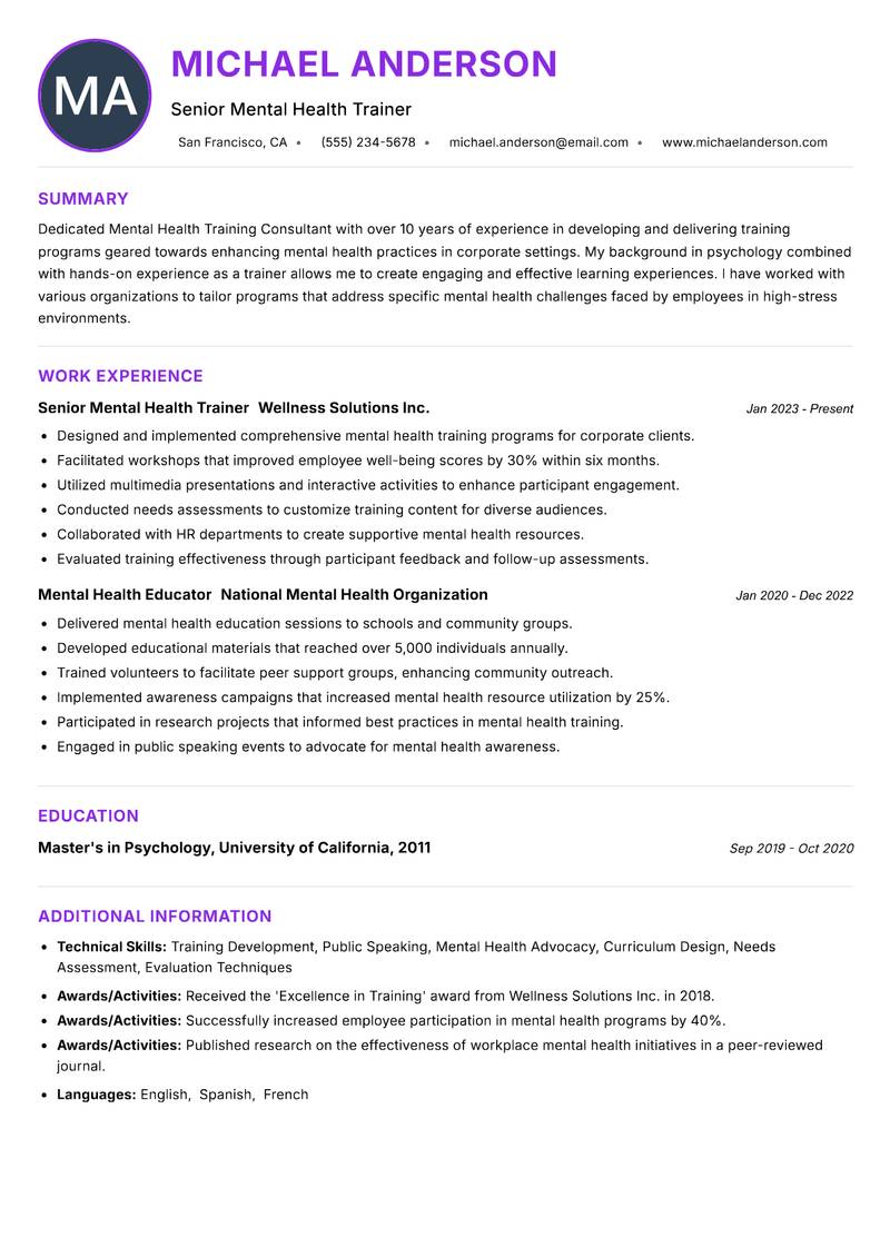 Mental Health Training Consultant Resume Preview Example