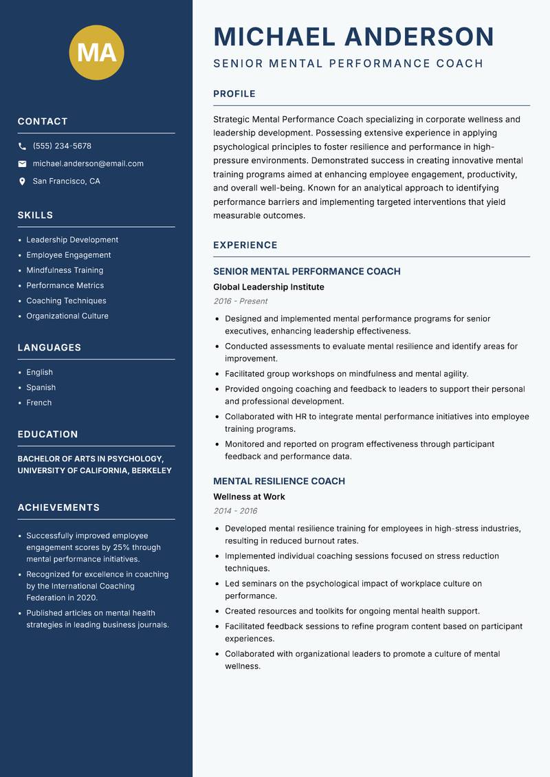 Mental Performance Coach Resume Preview Example