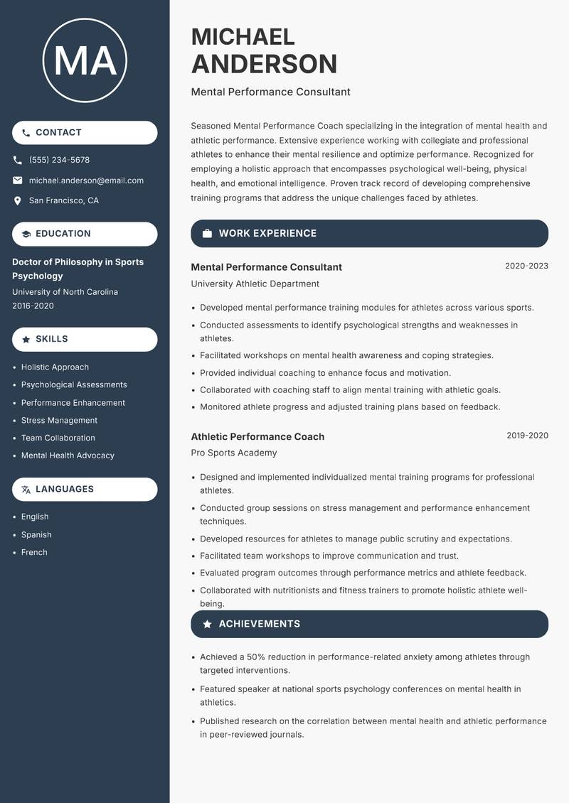 Mental Performance Coach Resume Preview Example