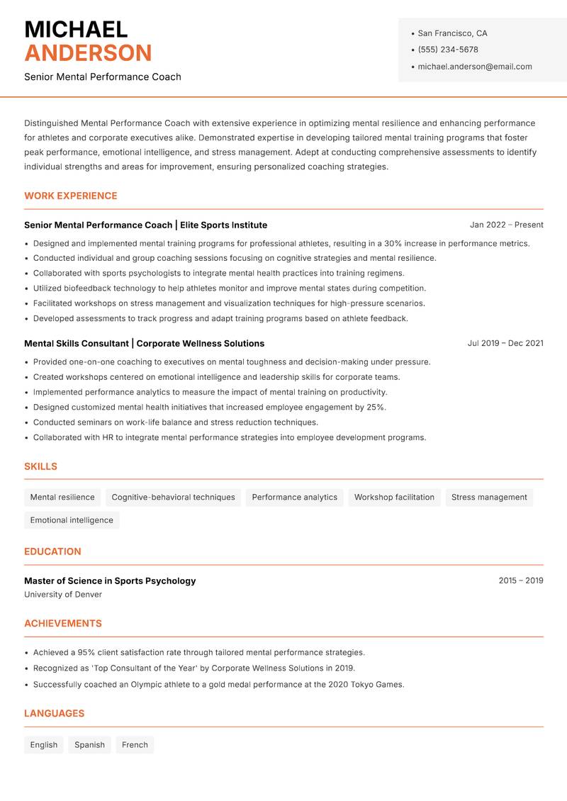 Mental Performance Coach Resume Template