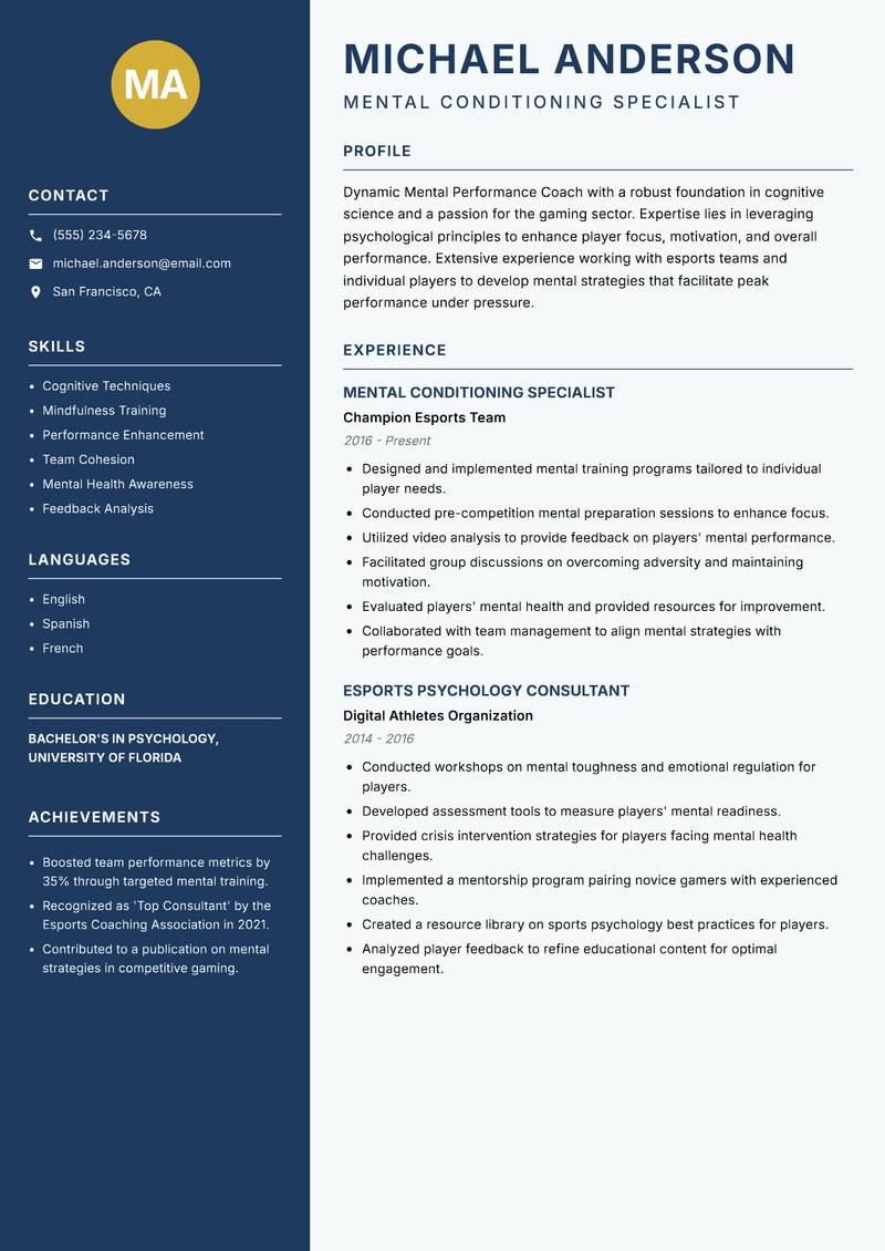 Mental Performance Coach Gaming Resume Preview Example