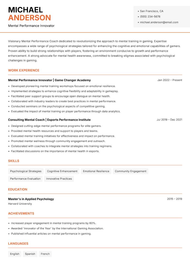 Mental Performance Coach Gaming Resume Template