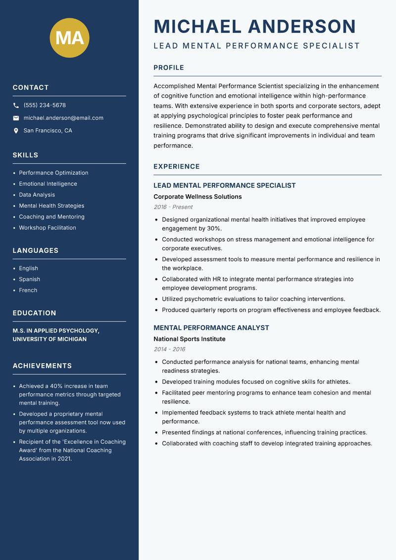 Mental Performance Scientist Resume Preview Example