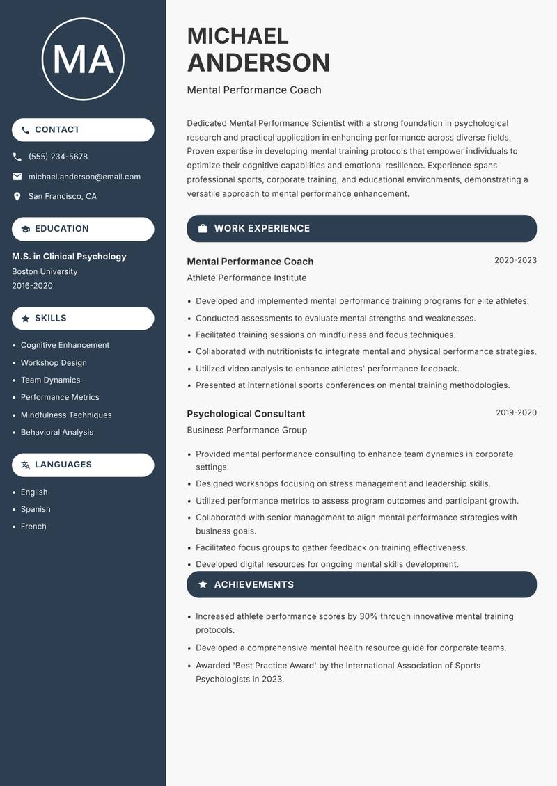 Mental Performance Scientist Resume Preview Example