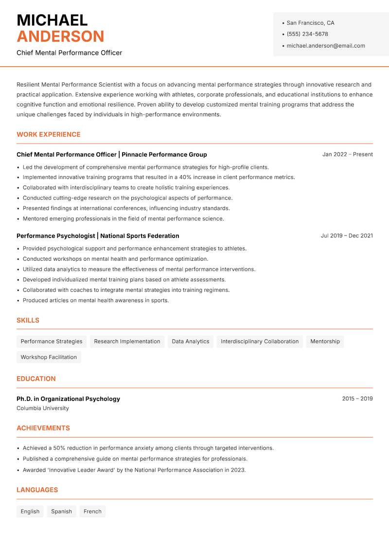 Mental Performance Scientist Resume Template