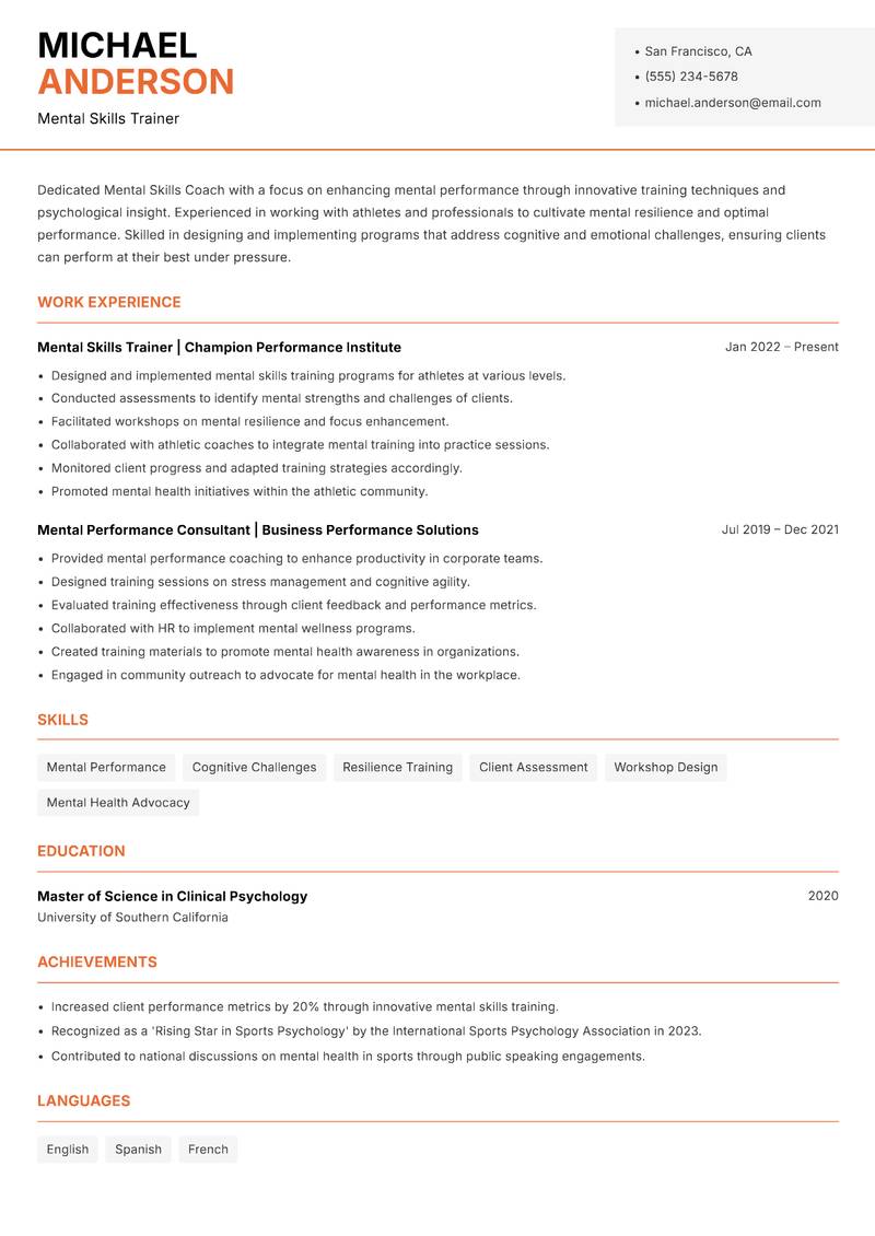 Mental Skills Coach Resume Template