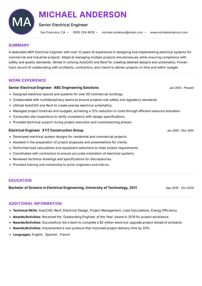 MEP Electrical Engineer Resume Preview Example