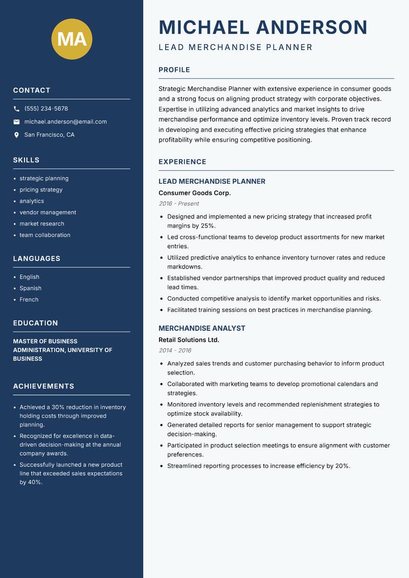 Merchandise Planner Resume Preview Example