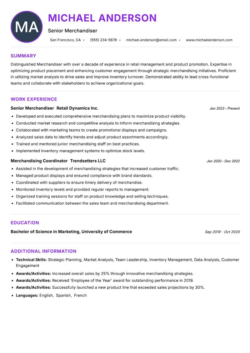 Merchandiser Resume Preview Example