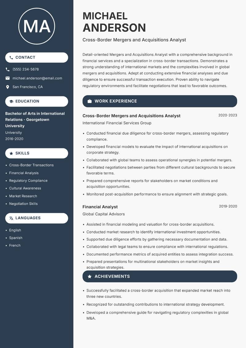 Mergers and Acquisitions Analyst Resume Preview Example