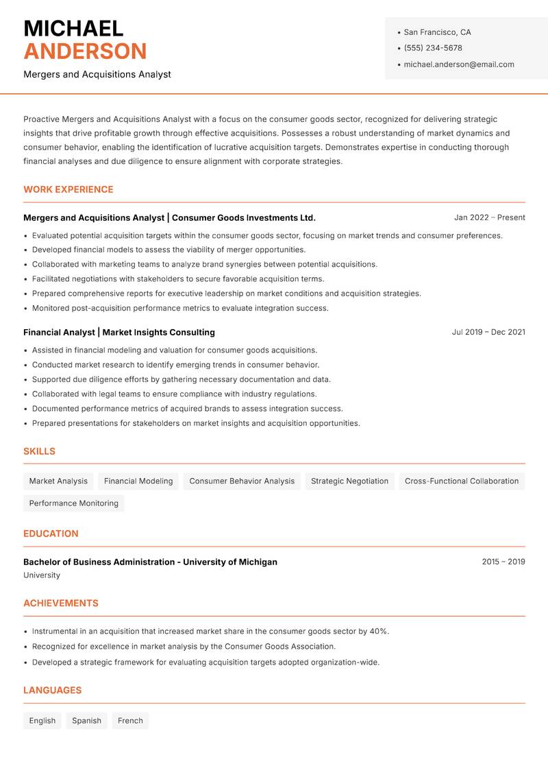 Mergers and Acquisitions Analyst Resume Template