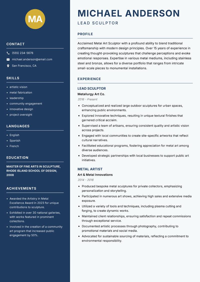 Metal Art Sculptor Resume Preview Example