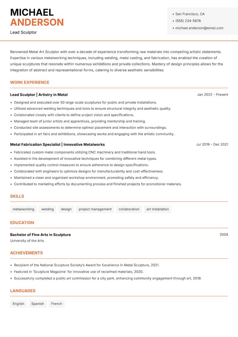 Metal Art Sculptor Resume Template