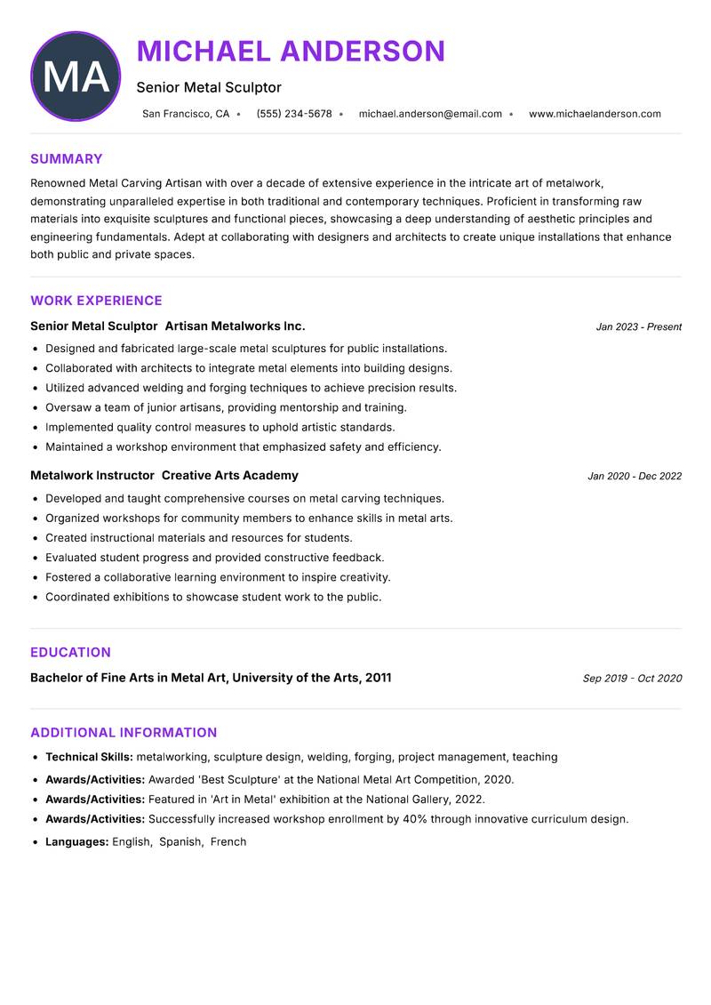 Metal Carving Artisan Resume Preview Example