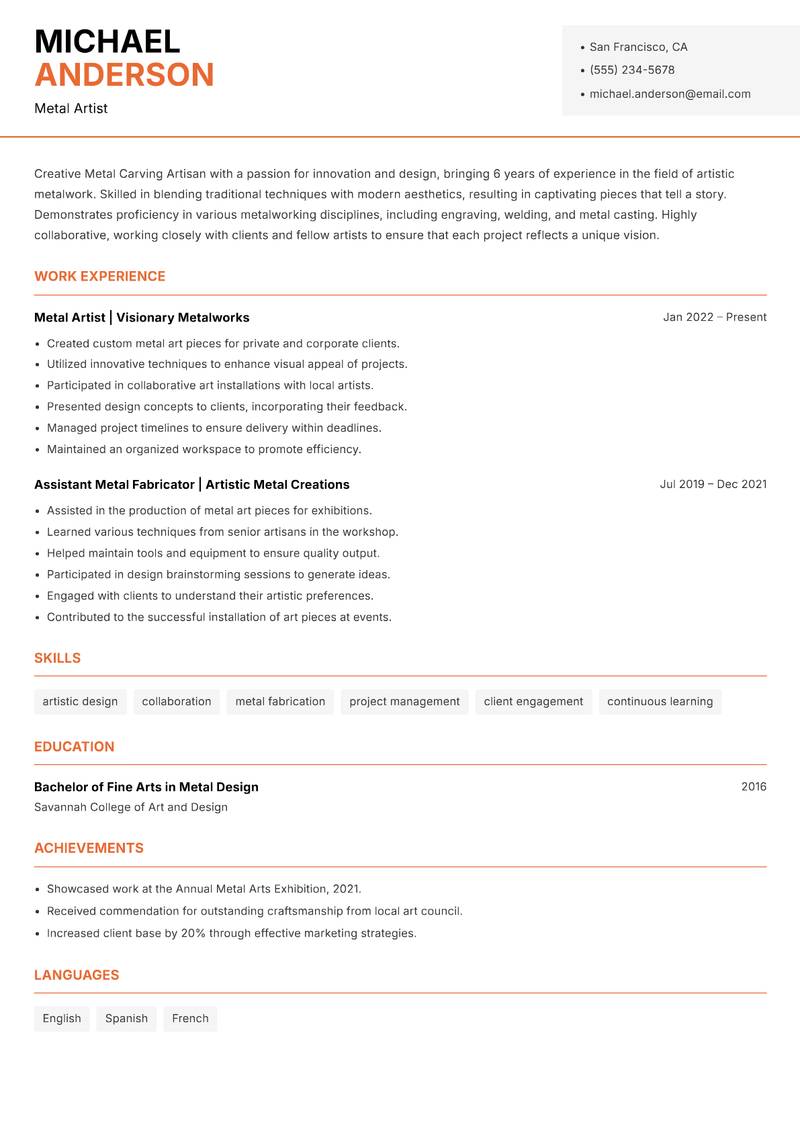 Metal Carving Artisan Resume Template