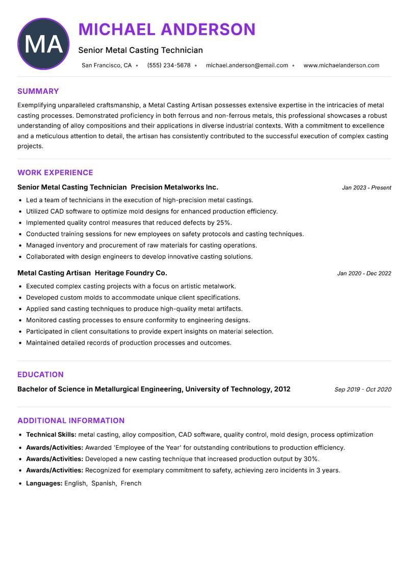 Metal Casting Artisan Resume Preview Example