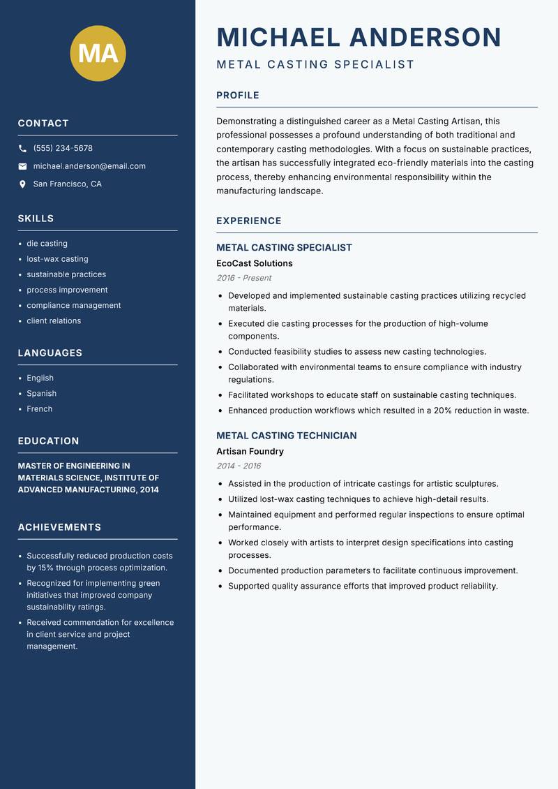 Metal Casting Artisan Resume Preview Example