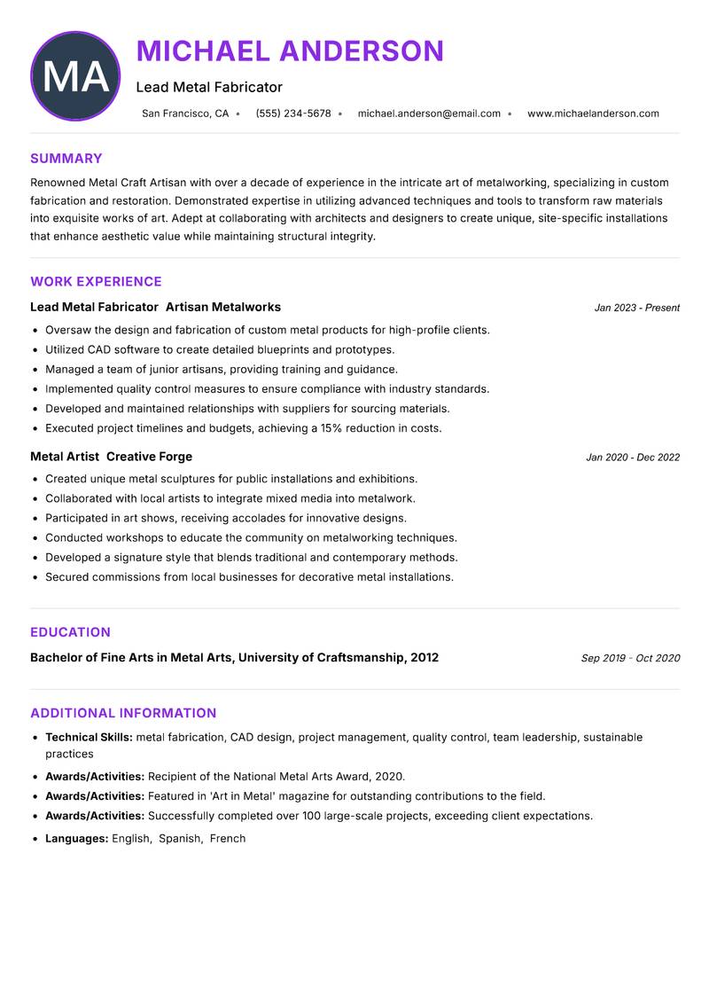 Metal Craft Artisan Resume Preview Example