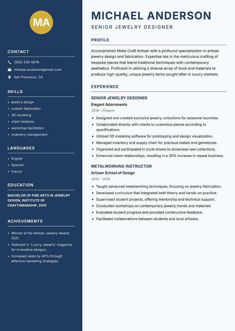 Metal Craft Artisan Resume Preview Example