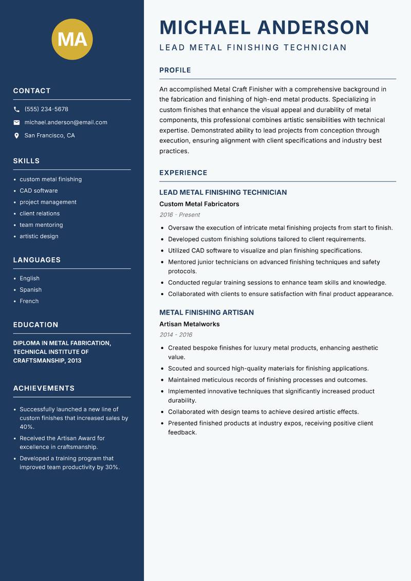 Metal Craft Finisher Resume Preview Example