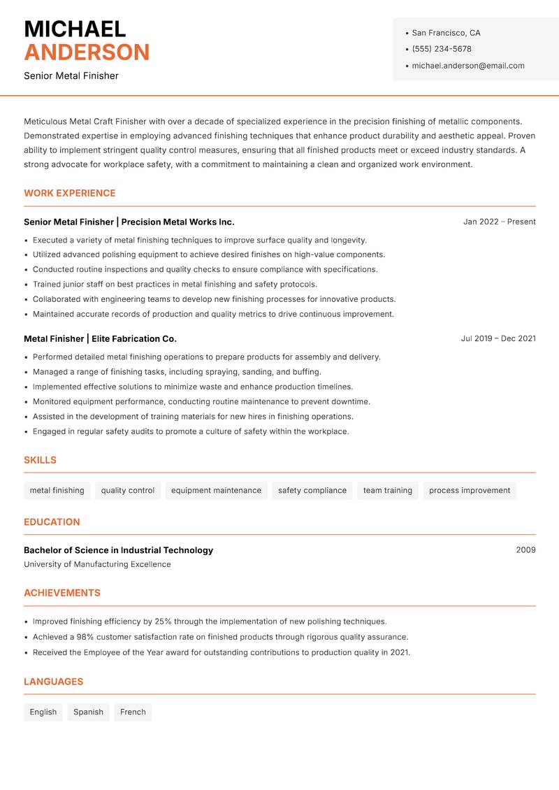 Metal Craft Finisher Resume Template