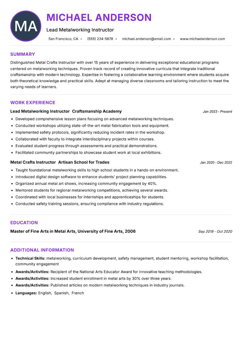 Metal Crafts Instructor Resume Preview Example