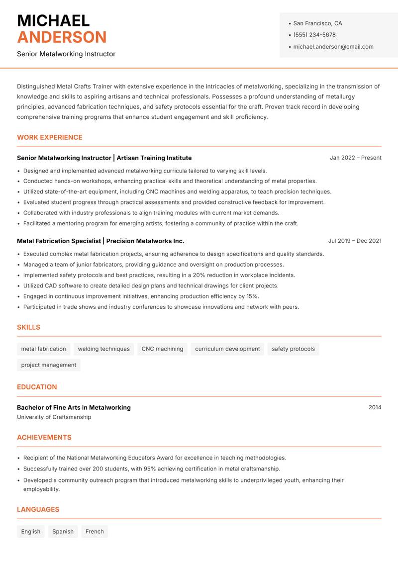 Metal Crafts Trainer Resume Template