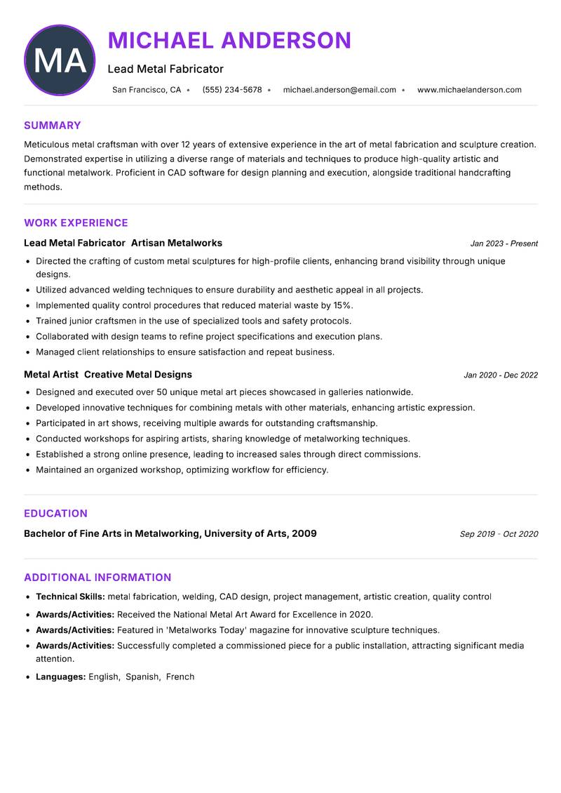 Metal Craftsman Resume Preview Example