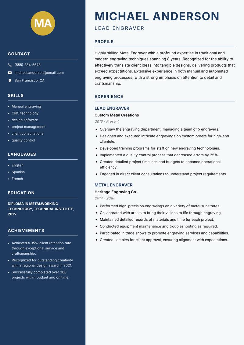 Metal Engraver Resume Preview Example