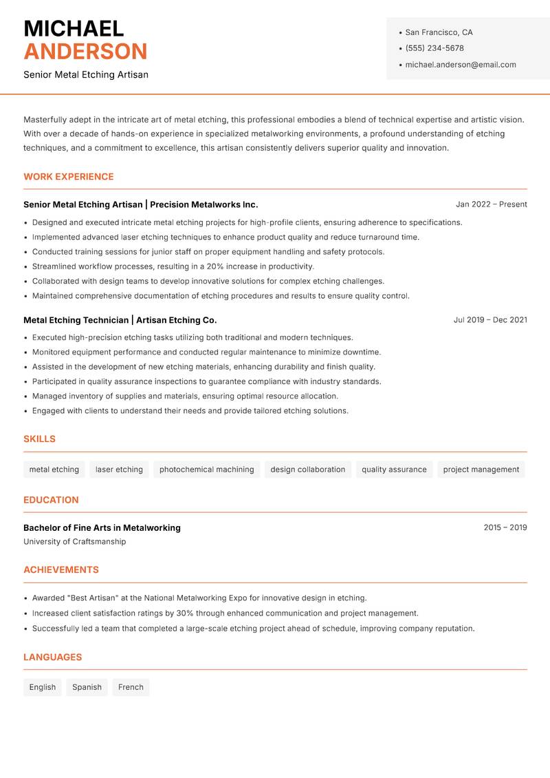 Metal Etching Artisan Resume Template