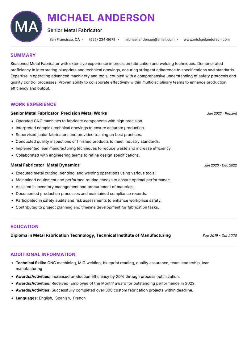 Metal Fabricator Resume Preview Example