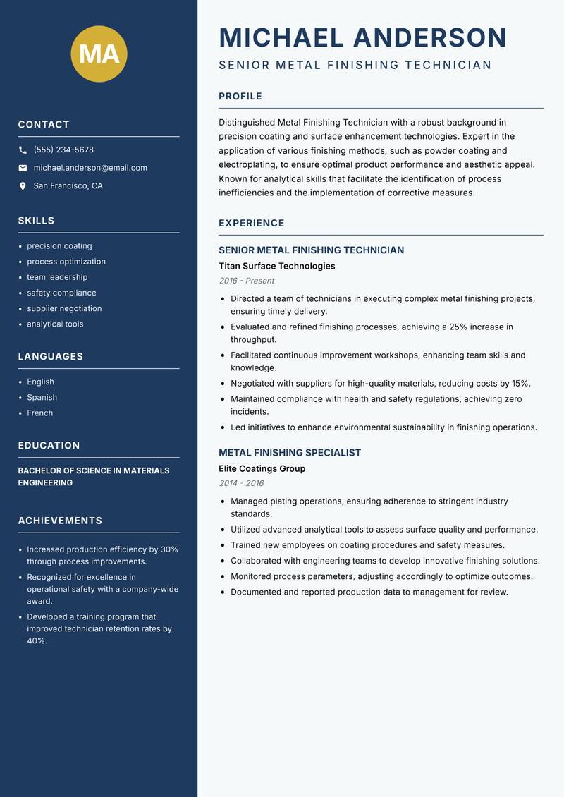 Metal Finishing Technician Resume Preview Example