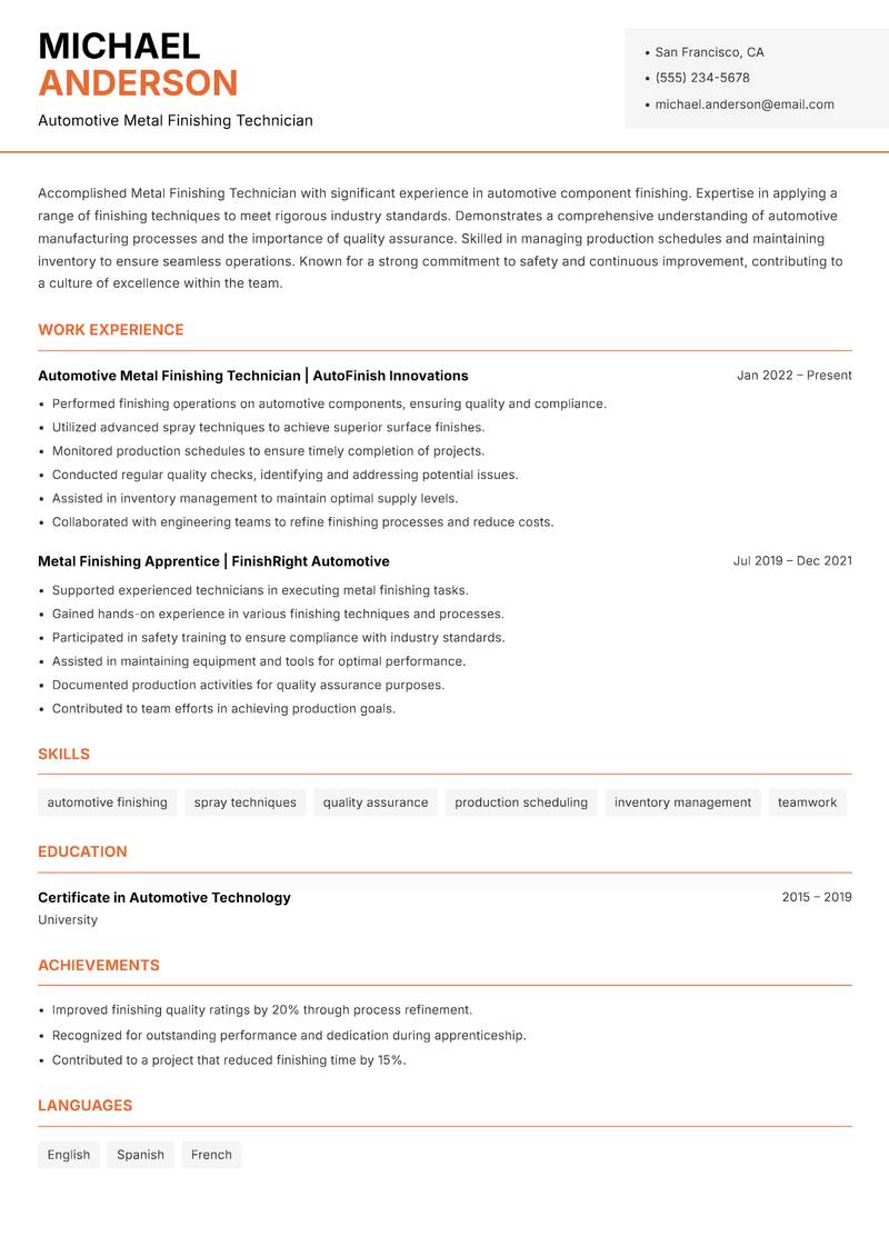 Metal Finishing Technician Resume Template