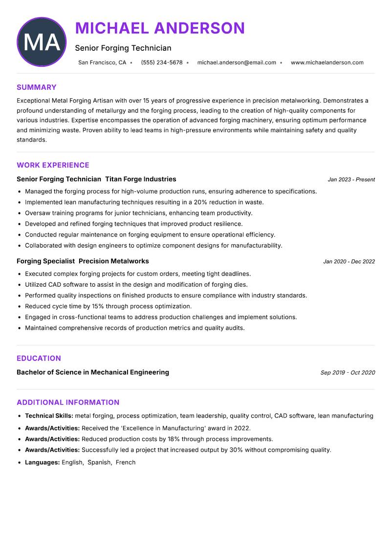 Metal Forging Artisan Resume Preview Example