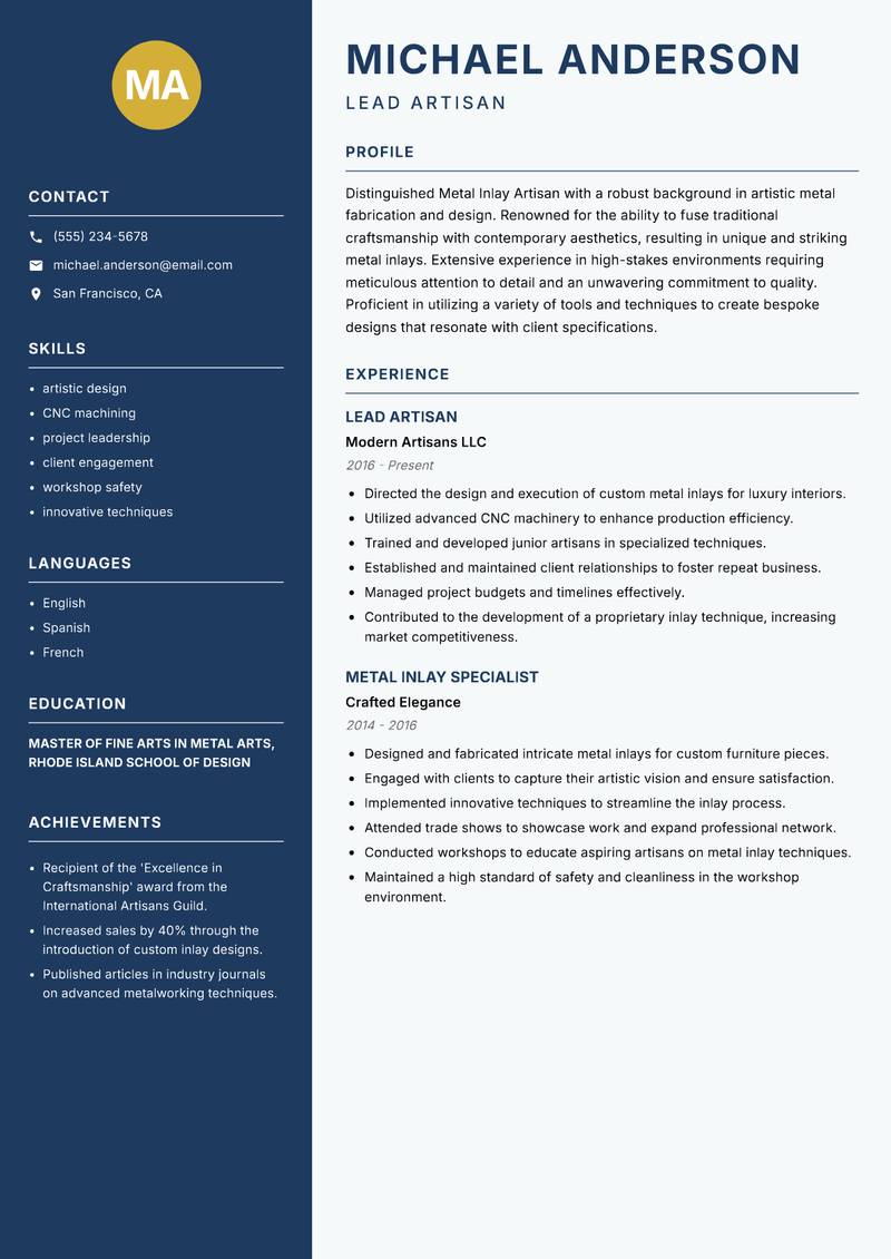 Metal Inlay Artisan Resume Preview Example
