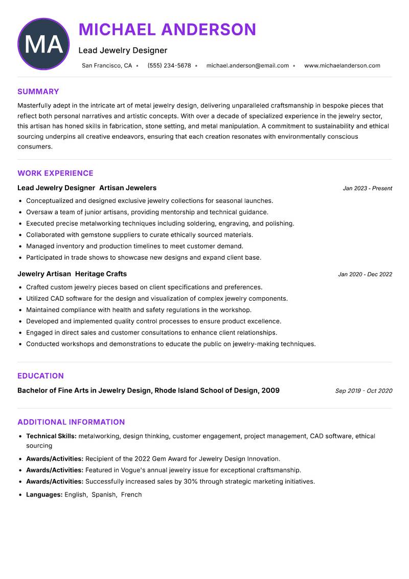 Metal Jewelry Artisan Resume Preview Example