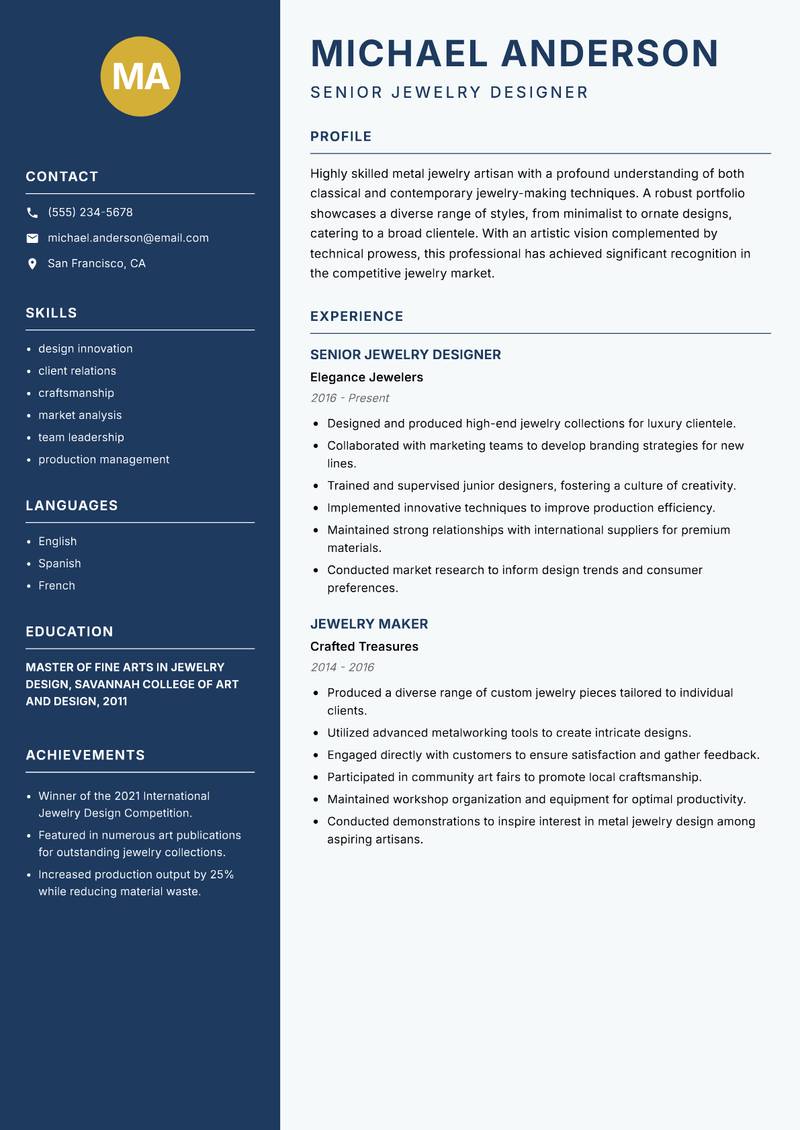 Metal Jewelry Artisan Resume Preview Example