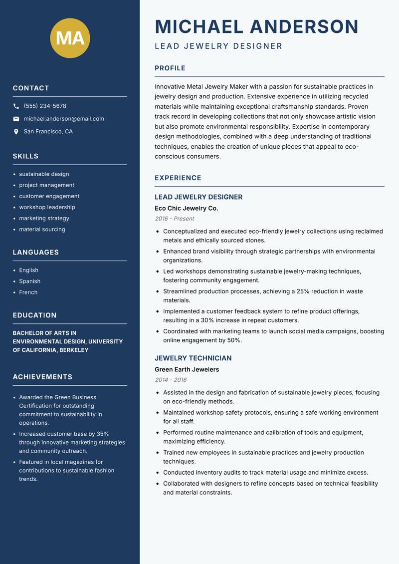 Metal Jewelry Maker Resume Preview Example